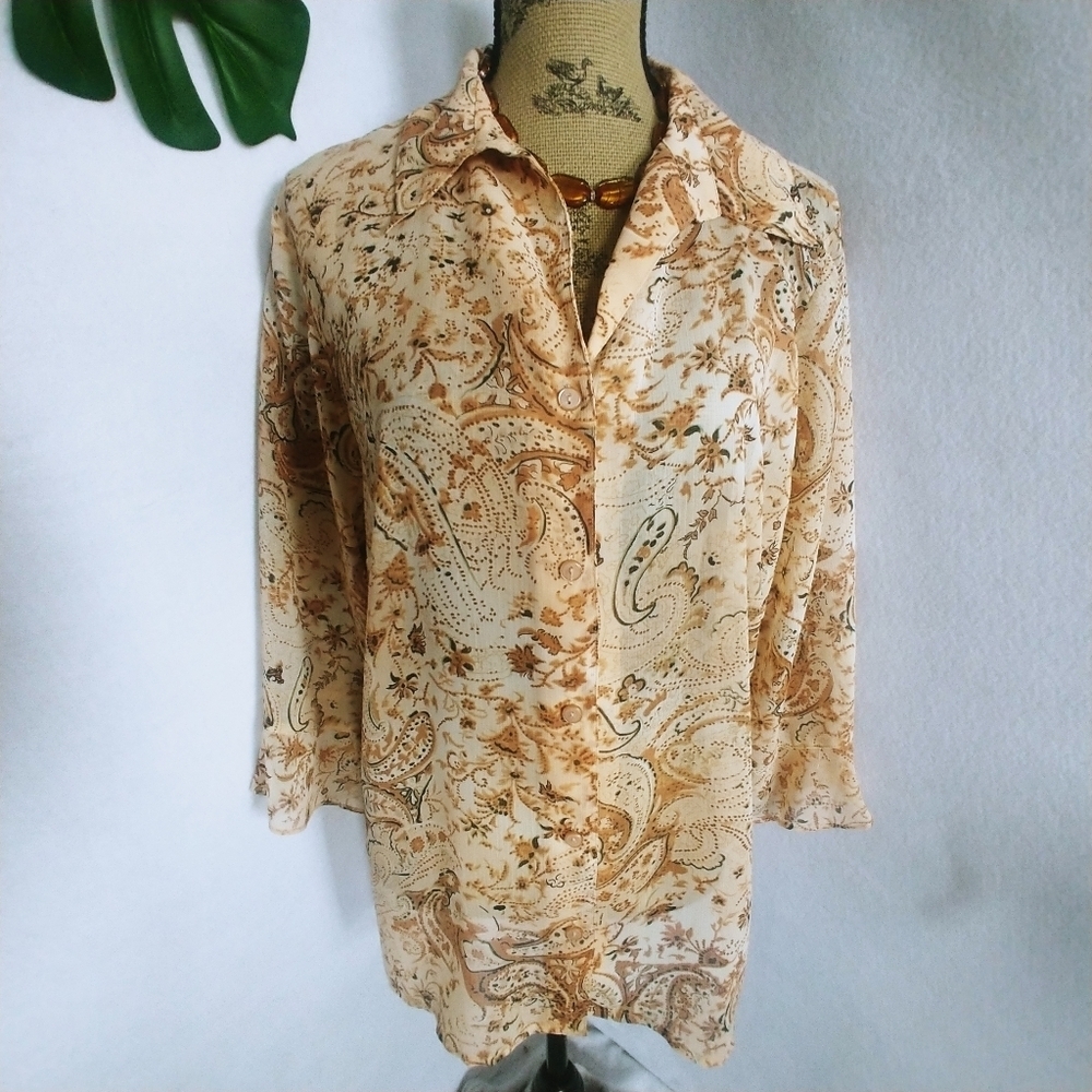 Notations Damask Sheer Button Blouse Top